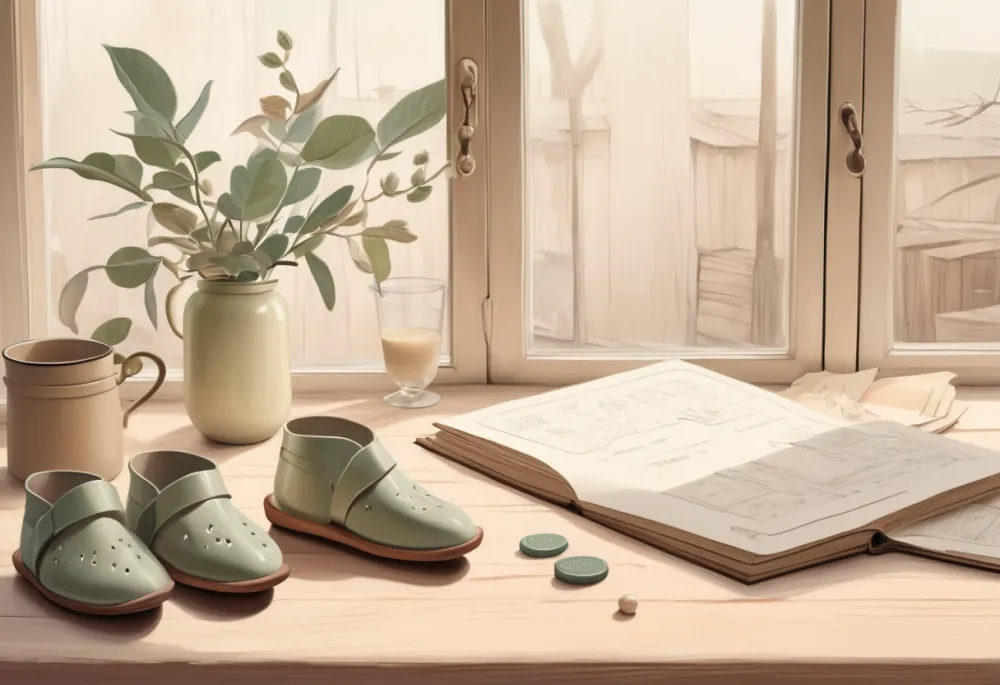A cozy factory corner: an enamel mug, a stamped ledger and a sprig of wild garlic in warm light
